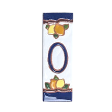 Load image into Gallery viewer, Ceramic house number tile - lemons &amp; oranges with dark blue edge, ceramic relief style
