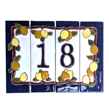 Load image into Gallery viewer, Ceramic house number tile - lemons &amp; oranges with dark blue edge, ceramic relief style
