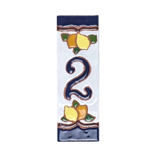 Load image into Gallery viewer, Ceramic house number tile - lemons &amp; oranges with dark blue edge, ceramic relief style
