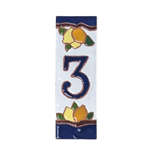 Load image into Gallery viewer, Ceramic house number tile - lemons &amp; oranges with dark blue edge, ceramic relief style
