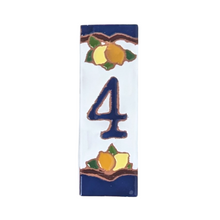 Load image into Gallery viewer, Ceramic house number tile - lemons &amp; oranges with dark blue edge, ceramic relief style
