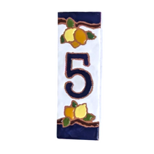 Load image into Gallery viewer, Ceramic house number tile - lemons &amp; oranges with dark blue edge, ceramic relief style

