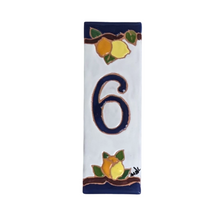 Load image into Gallery viewer, Ceramic house number tile - lemons &amp; oranges with dark blue edge, ceramic relief style
