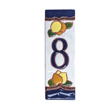 Load image into Gallery viewer, Ceramic house number tile - lemons &amp; oranges with dark blue edge, ceramic relief style
