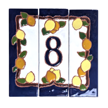 Load image into Gallery viewer, Ceramic house number tile - lemons &amp; oranges with dark blue edge, ceramic relief style

