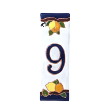 Load image into Gallery viewer, Ceramic house number tile - lemons &amp; oranges with dark blue edge, ceramic relief style
