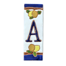 Load image into Gallery viewer, Ceramic house number tile - lemons &amp; oranges with dark blue edge, ceramic relief style

