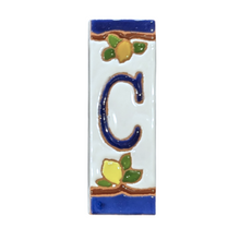 Load image into Gallery viewer, Ceramic house number tile - lemons &amp; oranges with dark blue edge, ceramic relief style
