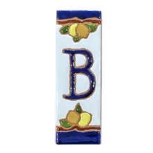 Load image into Gallery viewer, Ceramic house number tile - lemons &amp; oranges with dark blue edge, ceramic relief style
