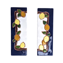 Load image into Gallery viewer, Ceramic house number tile - lemons &amp; oranges with dark blue edge, ceramic relief style
