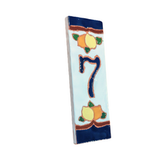 Load image into Gallery viewer, Ceramic house number tile - lemons &amp; oranges with dark blue edge, ceramic relief style
