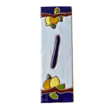 Load image into Gallery viewer, Ceramic house number tile - lemons &amp; oranges with dark blue edge, ceramic relief style
