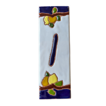 Load image into Gallery viewer, Ceramic house number tile - lemons &amp; oranges with dark blue edge, ceramic relief style
