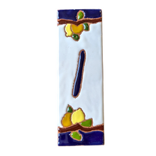 Load image into Gallery viewer, Ceramic house number tile - lemons &amp; oranges with dark blue edge, ceramic relief style
