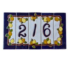 Load image into Gallery viewer, Ceramic house number tile - lemons &amp; oranges with dark blue edge, ceramic relief style
