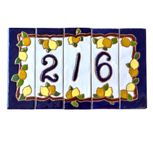 Load image into Gallery viewer, Ceramic house number tile - lemons &amp; oranges with dark blue edge, ceramic relief style
