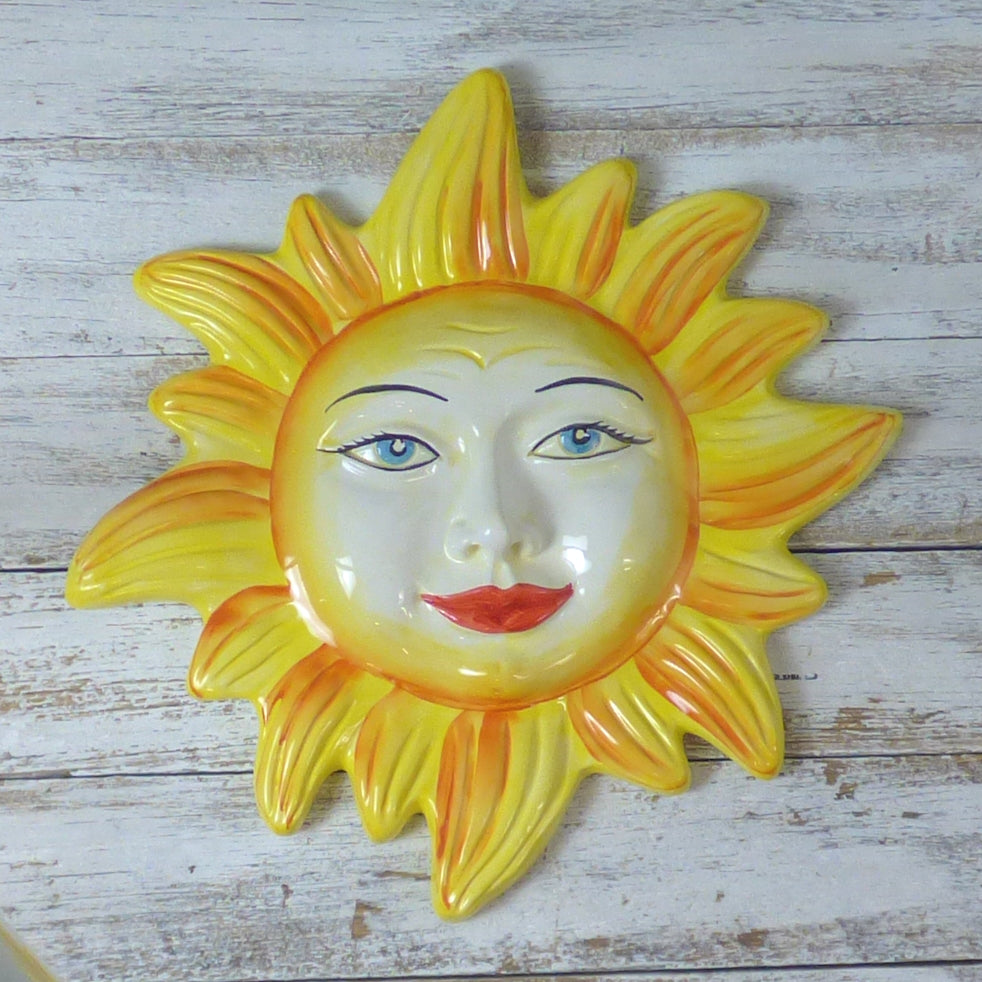Ceramic smiling sun wall plaque - yellow and orange, large