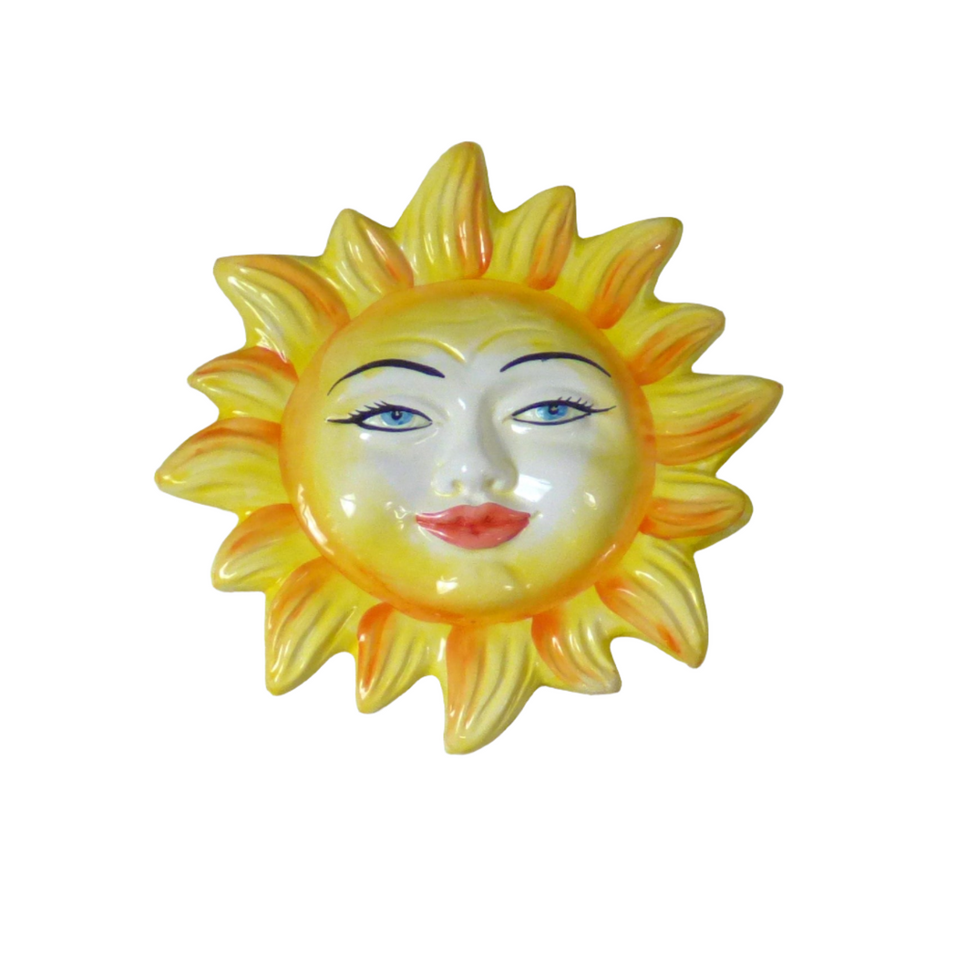 Ceramic smiling sun wall plaque - yellow and orange, medium