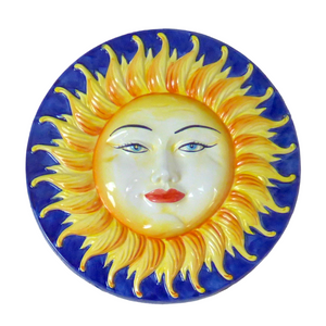 Ceramic sun wall plaque - yellow in navy blue halo, large