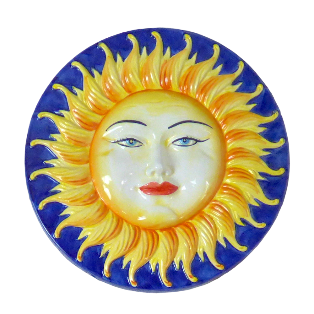 Ceramic sun wall plaque - yellow in navy blue halo, large