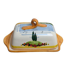 Load image into Gallery viewer, Butter Dish - Tuscan landscape with poppies and orange edge
