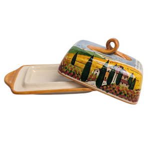 Butter Dish - Tuscan landscape with poppies and orange edge