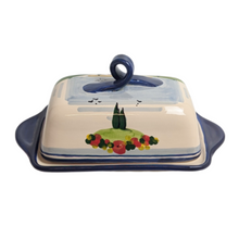 Load image into Gallery viewer, Butter Dish - Tuscan landscape with poppies and navy blue edge
