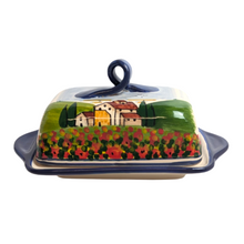 Load image into Gallery viewer, Butter Dish - Tuscan landscape with poppies and navy blue edge
