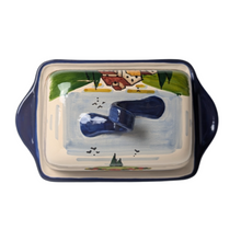 Load image into Gallery viewer, Butter Dish - Tuscan landscape with poppies and navy blue edge
