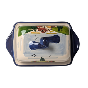 Butter Dish - Tuscan landscape with poppies and navy blue edge