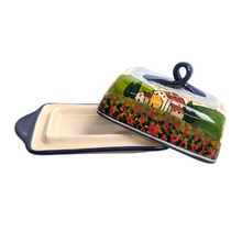 Load image into Gallery viewer, Butter Dish - Tuscan landscape with poppies and navy blue edge
