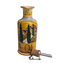 Load image into Gallery viewer, Oil bottle with handle - Tuscan landscape with poppies and orange edge
