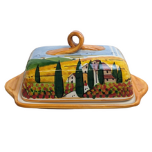 Load image into Gallery viewer, Butter Dish - Tuscan landscape with poppies and orange edge
