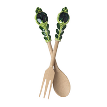 Load image into Gallery viewer, Salad Server Set (Fork &amp; Spoon) - Ceramic &amp; wood - with lemons or olives
