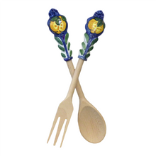 Load image into Gallery viewer, Salad Server Set (Fork &amp; Spoon) - Ceramic &amp; wood - with lemons or olives
