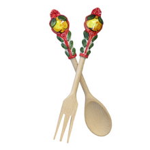 Load image into Gallery viewer, Salad Server Set (Fork &amp; Spoon) - Ceramic &amp; wood - with lemons or olives
