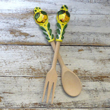 Load image into Gallery viewer, Salad Server Set (Fork &amp; Spoon) - Ceramic &amp; wood - lemons
