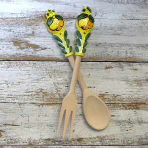 Salad Server Set (Fork & Spoon) - Ceramic & wood - lemons