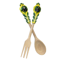 Load image into Gallery viewer, Salad Server Set (Fork &amp; Spoon) - Ceramic &amp; wood - with lemons or olives
