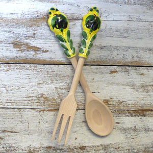 Salad Server Set (Fork & Spoon) - Ceramic & wood - lemons