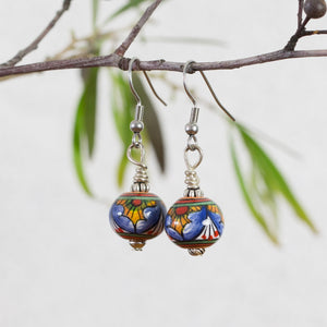 Hand painted ceramic earrings - blue, red & yellow