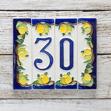 Load image into Gallery viewer, Italian ceramic number tile featuring lemons and blue contrast on a white background.
