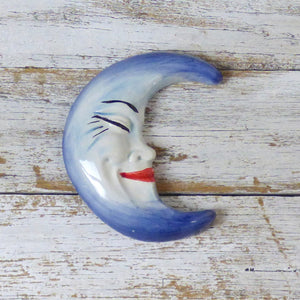 Ceramic smiling moon wall art - blue, small