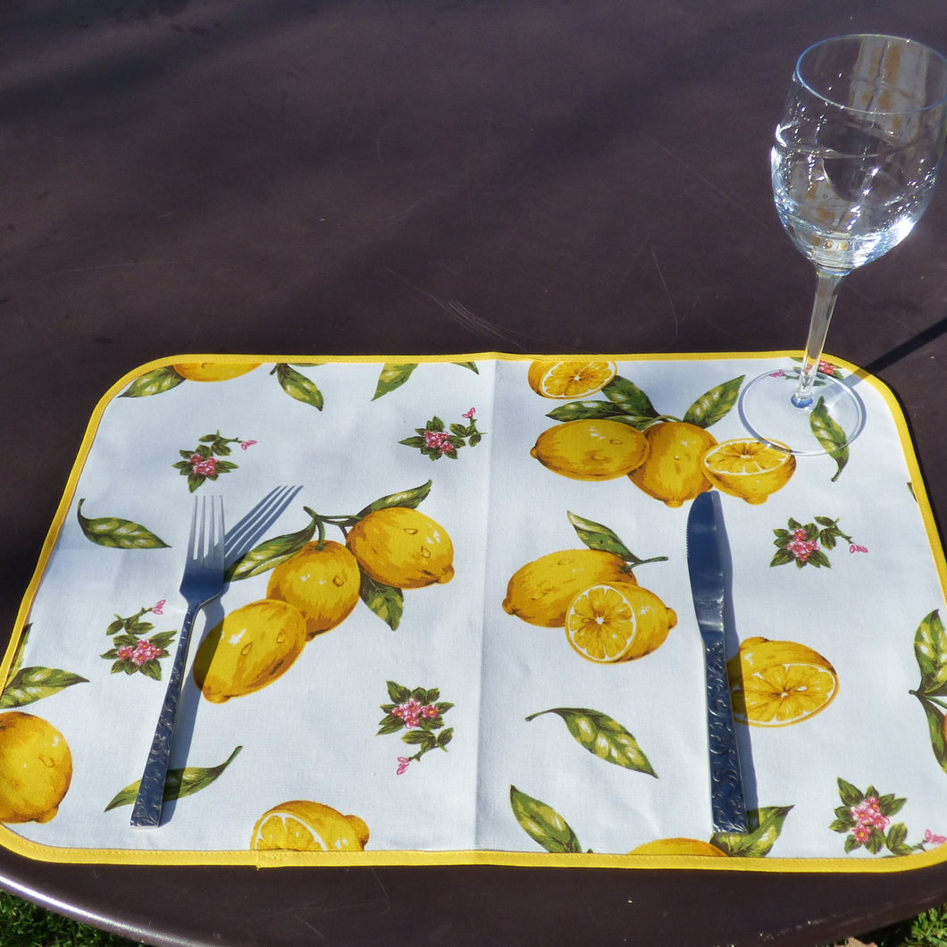Place mats with contrasting edge trim - various designs