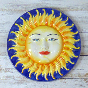 Ceramic sun wall plaque - yellow in navy blue halo, large